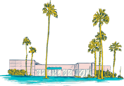 The image depicts a colorful illustration of a building surrounded by tall palm trees, with a turquoise ground and a light pink facade.