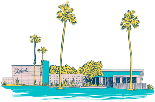 An illustration of a modern-style building with palm trees and the word 