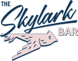 Logo for "The Skylark Bar" with stylized text and an illustration of a bird in flight.