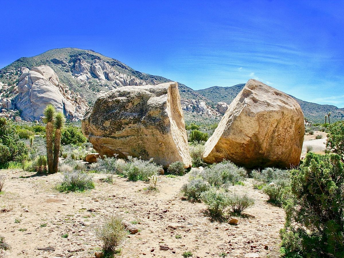 The image shows a desert landscape with two large boulders, sparse vegetation, and mountains in the background under a clear blue sky.