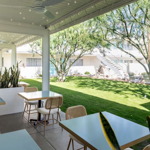 Outdoor patio with tables and chairs, surrounded by plants and a grassy lawn under a covered area with string lights.