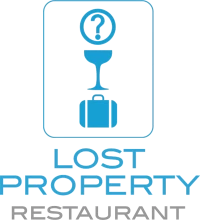 The image features a logo with a question mark, a wine glass, and luggage above "LOST PROPERTY RESTAURANT" text, all in blue.