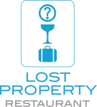 The image features a logo with a question mark, a wine glass, and luggage above "LOST PROPERTY RESTAURANT" text, all in blue.