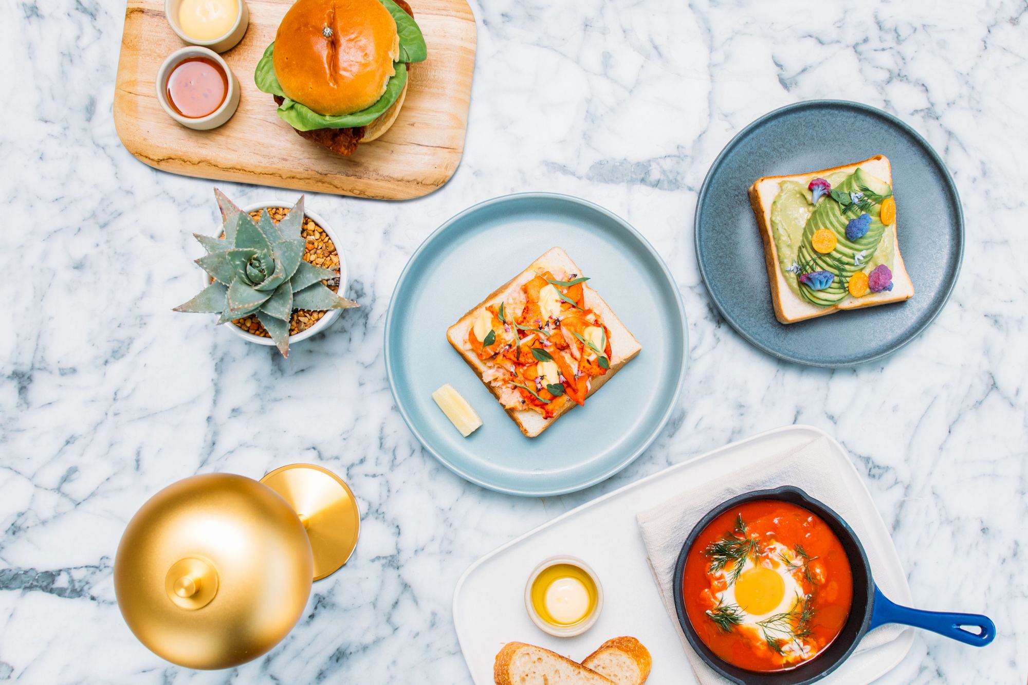 The image shows a variety of dishes including toast with toppings, a burger, a small skillet meal, and a plant on a marble surface.