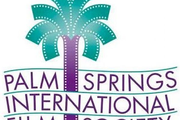 The image shows a logo with a stylized palm tree and the words "Palm Springs International Film Society" written below it.