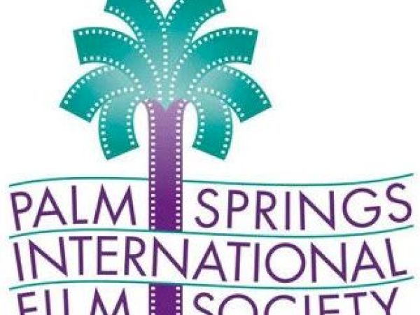The image shows a logo with a stylized palm tree and the words "Palm Springs International Film Society" written below it.