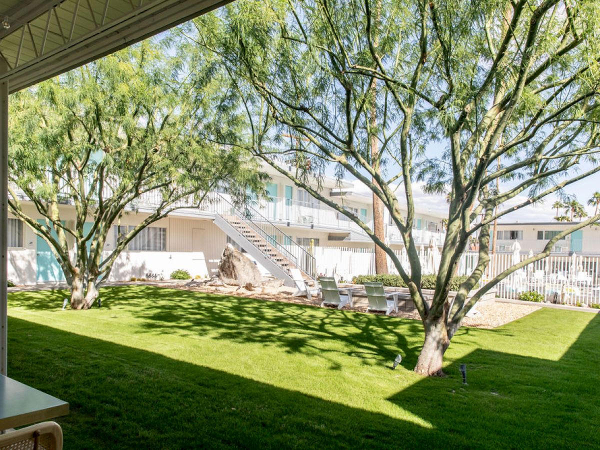 The image shows a sunny courtyard with green grass, trees, and a two-story building in the background, featuring staircases and white fences.