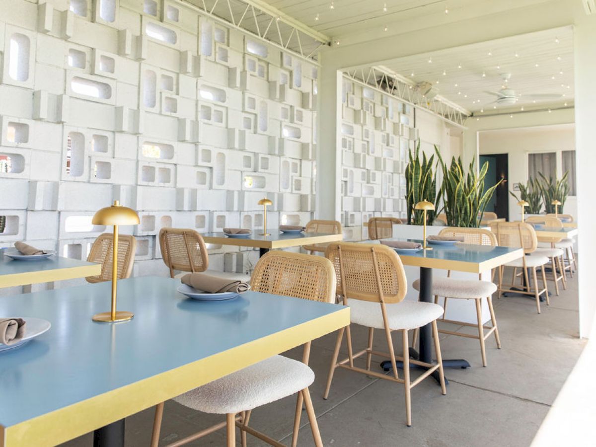 The image shows a modern restaurant interior with blue tables, woven chairs, and decorative wall panels. Potted plants add a natural touch.