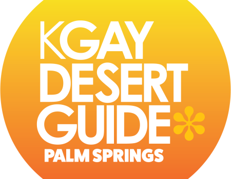 A round gradient logo reading &ldquo;KGAY DESERT GUIDE PALM SPRINGS&rdquo; with a small flower icon.