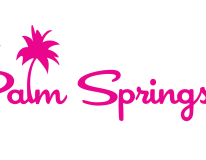 A bright pink &ldquo;Visit Palm Springs&rdquo; logo with a palm tree silhouette on a black background, stylish cursive font, concluding with a period.