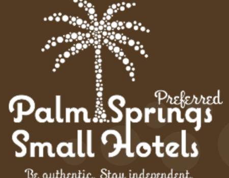 A brown logo featuring a white dotted palm tree with the text &ldquo;Palm Springs Small Hotels&rdquo; and a curved slogan: &ldquo;Be authentic. Stay independent.&rdquo;, ending with a period.